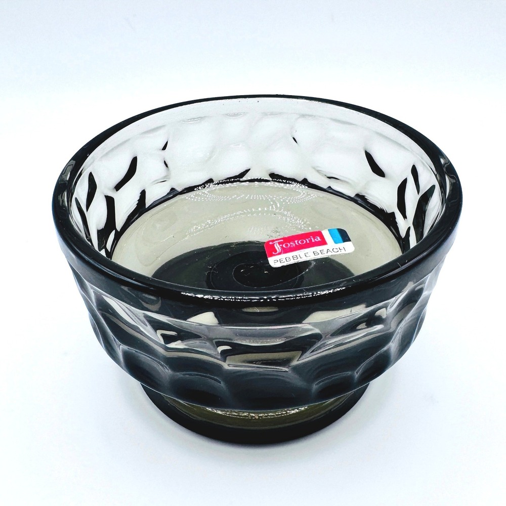 Fostoria Pebble Beach Smoke Gray Glass Pedestal‎ Dessert Bowl Thumbprint Sticker